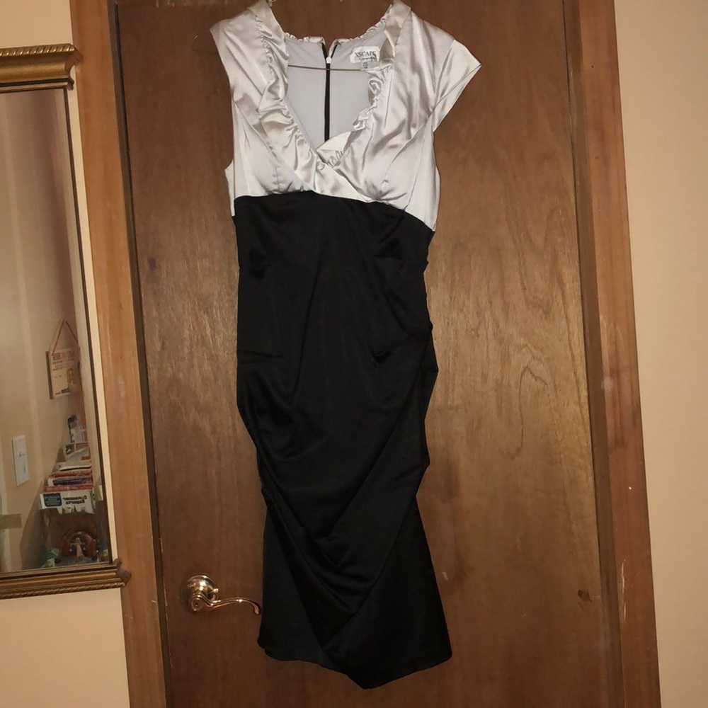 White and black ruched stretch satin dress
